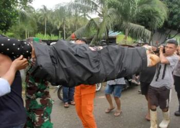 Petugas gabungan mengevakuasi salh satu korban longsor tambang emas di Gorontalo. (foto/net)