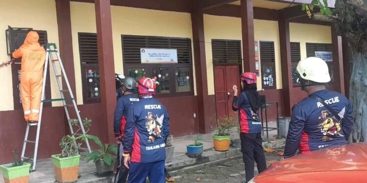 Damkar saat menangani sarang lebah yang menempel di speaker sekolah. (foto/ist)