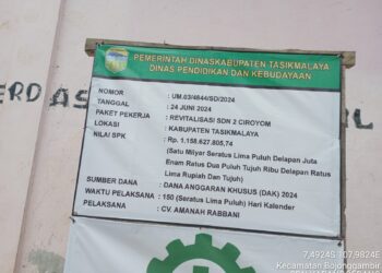 Papan Proyek Pembangunan SDN 2 Ciroyom yang Dikerjakan Oleh CV. Amanah Rabbani. (Foto/Panca/Yos)