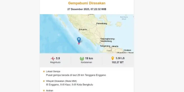 Gempa M5,9 Guncang Enggano Bengkulu. (Foto/Doc)