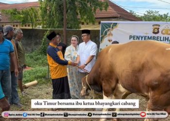 Kapolres OKU Timur Sholat Idul Adha Bersama Personel, Serahkan Daging Kurban Kepada Masyarakat. (Foto/Yesianti).