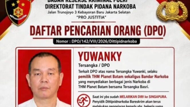 Bareskrim Polri Buru DPO Gembong Narkoba Batam Yuwanki Ke Singapura. (Foto/Dokumentasi).